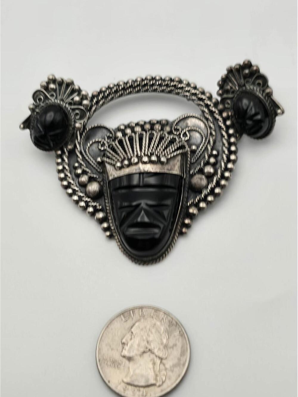 Mexican Sterling Onyx Mask Brooch & Earring Set